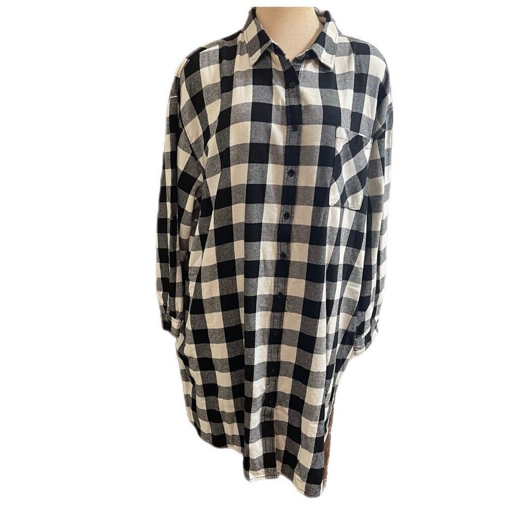 NWT Risen Los Angeles Black White Buffalo Plaid Long Shirt Jacket Plus Size 1X